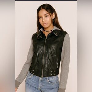 Miss London Y2K black vegan Leather Jacket with Heather Gray Sleeves